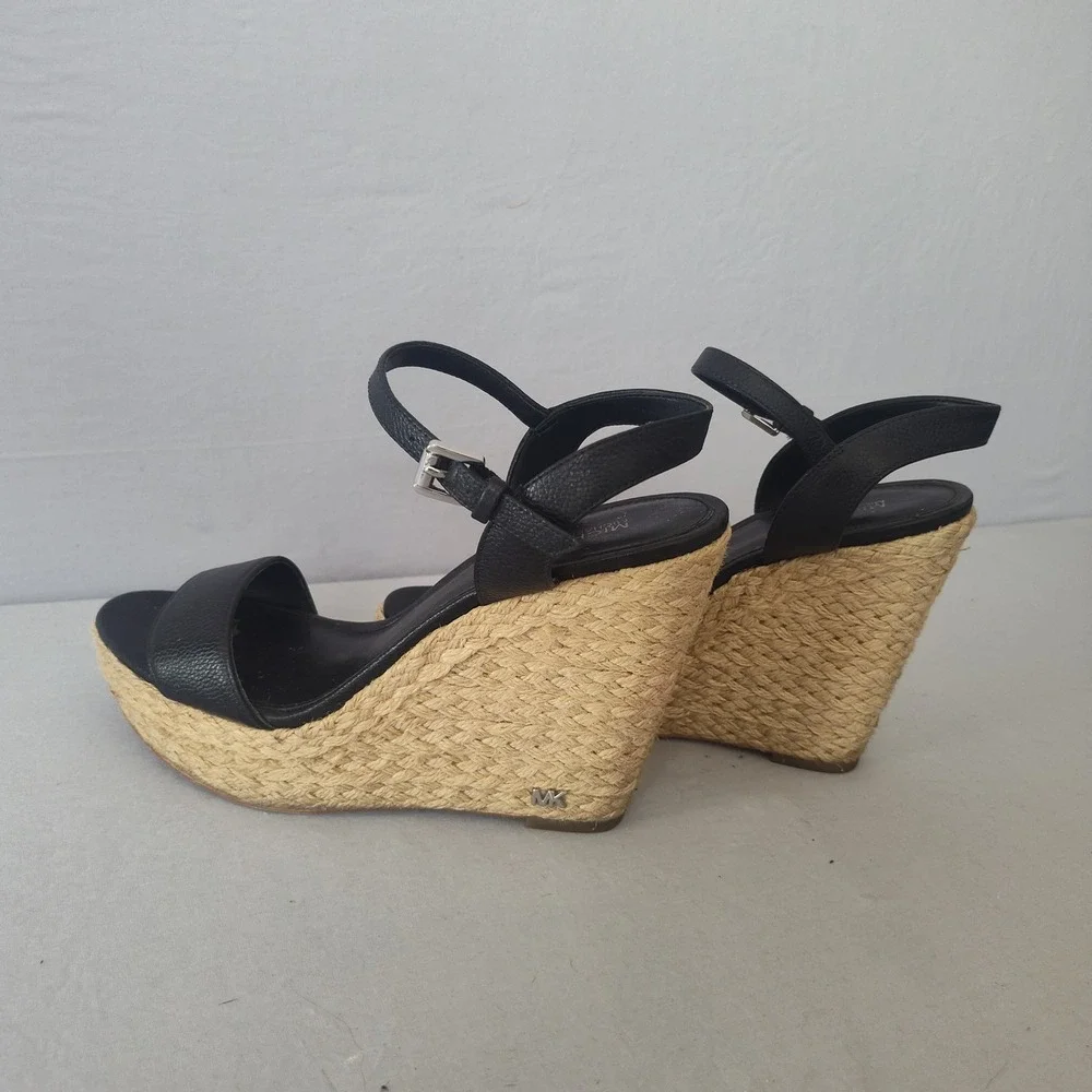 Michael Kors Black Leather Espadrille Wedge Sandals Platform Ankle‎ Strap 7M